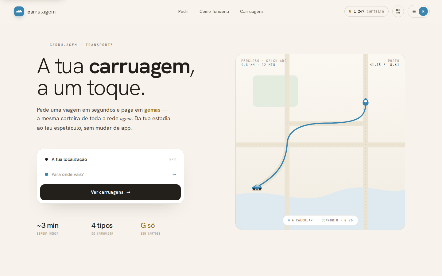 Desktop de carru.agem.pt com formulário de transporte, rota no mapa e carteira de gemas no topo.